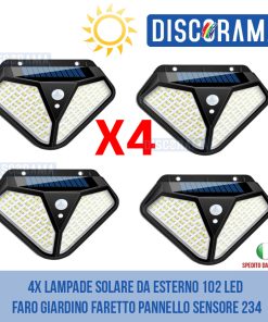 4X LAMPADE SOLARE DA ESTERNO 102 LED FARO GIARDINO FARETTO PANNELLO SENSORE 234