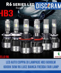 LED AUTO COPPIA DI LAMPADE HB3 6000LM 6000K 50W R6 LUCE BIANCA FREDDA FARI LAMP