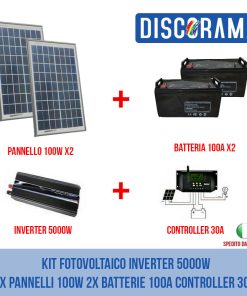 KIT FOTOVOLTAICO INVERTER 5000W 2X PANNELLI 100W 2X BATTERIE 100A CONTROLLER 30A