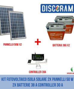 KIT FOTOVOLTAICO ISOLA SOLARE 2X PANNELLI 50 W 2X BATTERIE 38 A CONTROLLER 30 A