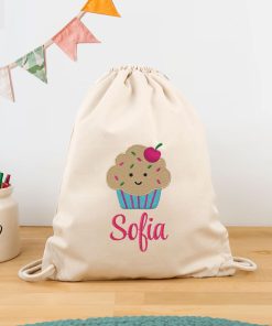 Sacca Zainetto con Lacci Personalizzata con Nome e Cupcake – Idea Regalo per Bambina, Primo giorno di Asilo e Scuola, Back to School